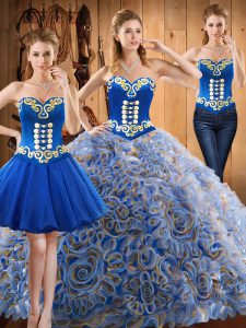 Free and Easy With Train Lace Up Sweet 16 Dresses Multi-color for Military Ball and Sweet 16 and Quinceanera with Embroidery Sweep Train