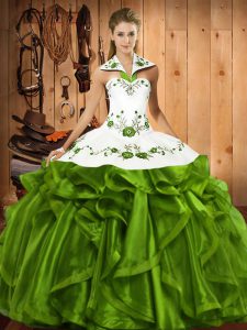 Fashionable Halter Top Sleeveless Lace Up 15 Quinceanera Dress Olive Green Satin and Organza