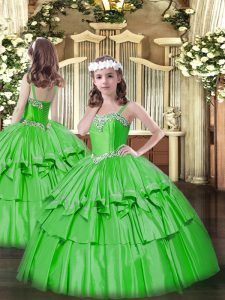 Green Lace Up Pageant Dress Beading and Ruffled Layers Sleeveless Floor Length