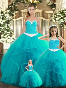 Luxury Aqua Blue Ball Gowns Ruffles Quinceanera Dress Lace Up Tulle Sleeveless Floor Length