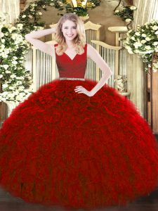 Red Ball Gowns Beading and Ruffles Ball Gown Prom Dress Zipper Tulle Sleeveless Floor Length