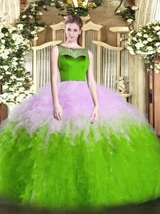 Fitting Scoop Sleeveless Quinceanera Dress Floor Length Beading and Ruffles Multi-color Tulle