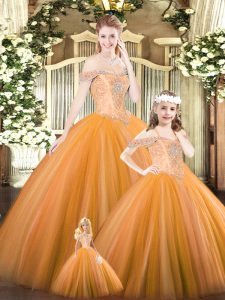 Floor Length Orange Quinceanera Gown Off The Shoulder Sleeveless Lace Up