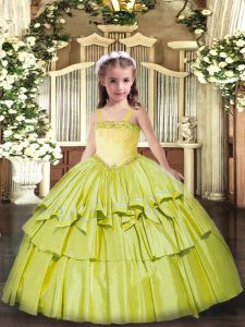 Olive Green Organza Lace Up Straps Sleeveless Floor Length Pageant Gowns Appliques and Ruffled Layers