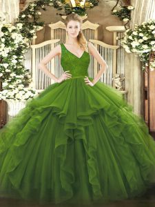 Adorable Olive Green Sleeveless Organza Backless Quinceanera Gown for Military Ball and Sweet 16 and Quinceanera