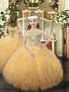 Organza Straps Sleeveless Lace Up Beading and Ruffles Child Pageant Dress in Gold