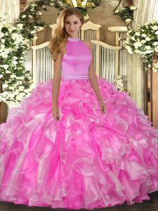 Suitable Sleeveless Organza Floor Length Backless 15 Quinceanera Dress in Rose Pink with Beading and Ruffles
