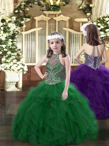 Ball Gowns Little Girls Pageant Dress Dark Green Halter Top Organza Sleeveless Floor Length Lace Up
