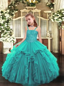 Teal Pageant Dress Toddler Party and Sweet 16 and Quinceanera and Wedding Party with Beading and Ruffles Straps Sleeveless Lace Up
