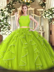 Yellow Green Scoop Neckline Lace and Ruffles Quinceanera Gown Sleeveless Zipper