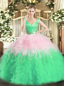 High Class Ball Gowns Quinceanera Dresses Multi-color V-neck Organza Sleeveless Floor Length Zipper