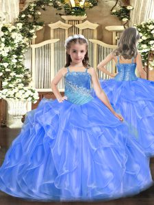 Floor Length Blue Pageant Gowns For Girls Straps Sleeveless Lace Up