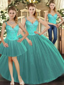 Straps Sleeveless Quince Ball Gowns Floor Length Beading Turquoise Tulle