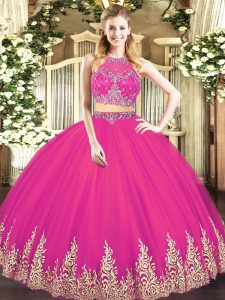Scoop Sleeveless Tulle 15 Quinceanera Dress Beading and Appliques Zipper