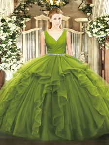 Floor Length Zipper Sweet 16 Dress Olive Green for Military Ball and Sweet 16 and Quinceanera with Beading and Ruffles