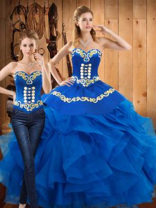 Beautiful Floor Length Blue 15 Quinceanera Dress Satin and Organza Sleeveless Embroidery and Ruffles