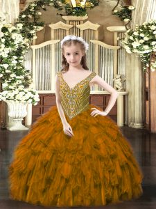 Brown Sleeveless Organza Lace Up Child Pageant Dress for Party and Quinceanera