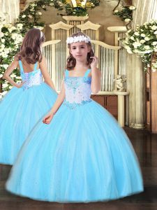 Aqua Blue Straps Lace Up Beading Kids Pageant Dress Sleeveless