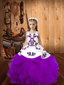 Simple Eggplant Purple Sleeveless Embroidery and Ruffles Floor Length Little Girls Pageant Gowns