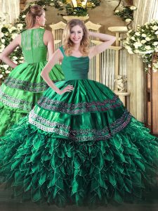 Pretty Beading and Lace and Ruffles 15th Birthday Dress Dark Green Zipper Sleeveless Floor Length