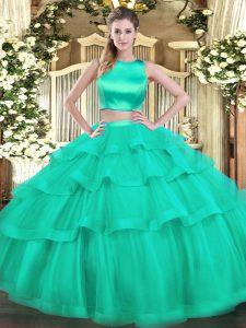 Graceful High-neck Sleeveless Criss Cross Sweet 16 Dresses Turquoise Tulle