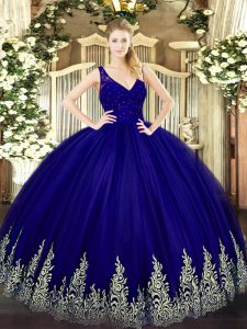 Most Popular Beading and Appliques Quince Ball Gowns Royal Blue Zipper Sleeveless Floor Length