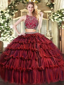 Most Popular Tulle High-neck Sleeveless Zipper Beading and Ruffled Layers Quinceanera Dress in Burgundy