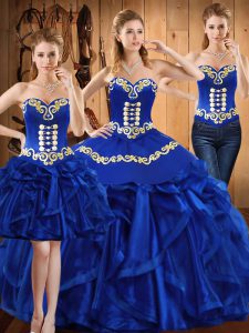 Modern Ball Gowns Quince Ball Gowns Royal Blue Sweetheart Organza Sleeveless Floor Length Lace Up