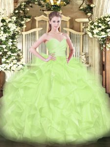 Hot Sale Floor Length Yellow Green Quince Ball Gowns Organza Sleeveless Beading and Ruffles