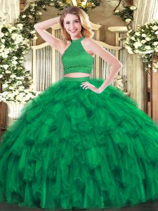Delicate Green Organza Backless 15 Quinceanera Dress Sleeveless Floor Length Beading and Ruffles