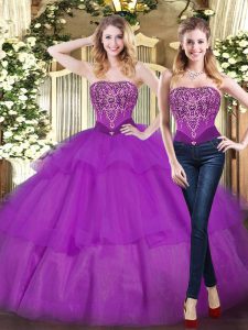 Eggplant Purple Tulle Lace Up Sweet 16 Dresses Sleeveless Floor Length Beading and Ruffled Layers