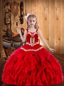 Eye-catching Red Ball Gowns Organza Straps Sleeveless Embroidery and Ruffles Floor Length Lace Up Pageant Dress Womens