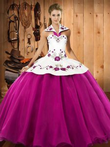 Satin and Tulle Sleeveless Floor Length Sweet 16 Quinceanera Dress and Embroidery