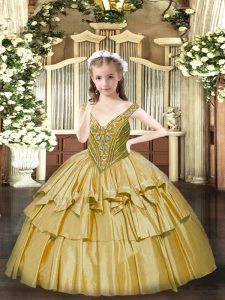 High Class Organza V-neck Sleeveless Lace Up Beading and Ruffled Layers Girls Pageant Dresses in Gold