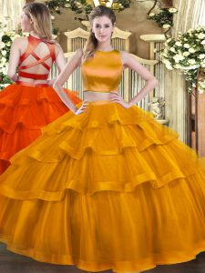 Rust Red Two Pieces Ruffled Layers Sweet 16 Dresses Criss Cross Tulle Sleeveless Floor Length