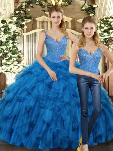 Traditional Teal Two Pieces Beading and Ruffles 15th Birthday Dress Lace Up Organza Sleeveless Floor Length
