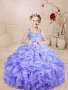 Floor Length Lavender Girls Pageant Dresses Organza Sleeveless Beading and Ruffles