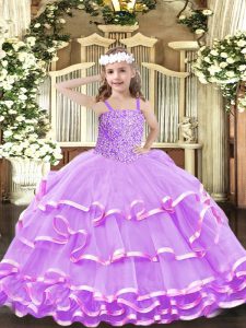 Floor Length Lilac Little Girl Pageant Dress Organza Sleeveless Beading and Ruffled Layers