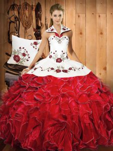 Satin and Organza Halter Top Sleeveless Lace Up Embroidery and Ruffles Ball Gown Prom Dress in White And Red