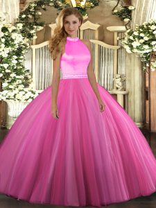 Fine Sleeveless Tulle Floor Length Backless Sweet 16 Quinceanera Dress in Rose Pink with Beading