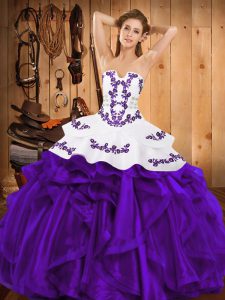 Modern Purple Strapless Lace Up Embroidery and Ruffles Quince Ball Gowns Sleeveless