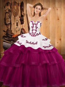 Fuchsia Strapless Lace Up Embroidery and Ruffled Layers Quinceanera Dress Sweep Train Sleeveless