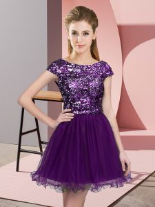 Traditional Dark Purple Scoop Neckline Sequins Dama Dress Cap Sleeves Zipper