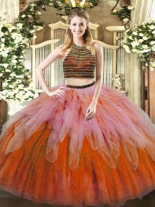 Multi-color Vestidos de Quinceanera Military Ball and Sweet 16 and Quinceanera with Beading and Ruffles Halter Top Sleeveless Lace Up