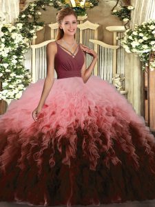 Free and Easy Multi-color Organza Backless V-neck Sleeveless Floor Length Sweet 16 Quinceanera Dress Ruffles