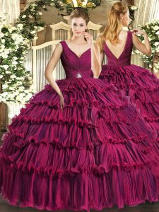Noble Organza V-neck Sleeveless Backless Beading and Ruffled Layers Quinceanera Dresses in Fuchsia