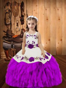 Elegant Straps Sleeveless Organza Pageant Dress Toddler Embroidery and Ruffles Lace Up