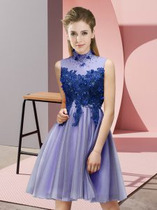 Shining Sleeveless Knee Length Appliques Lace Up Dama Dress with Lavender