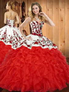 On Sale Satin and Organza Sweetheart Sleeveless Lace Up Embroidery and Ruffles Quince Ball Gowns in Wine Red