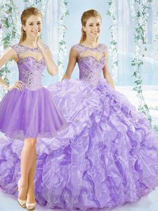 Hot Sale Sleeveless Beading and Ruching and Pick Ups Lace Up Sweet 16 Dress with Lavender Brush Train